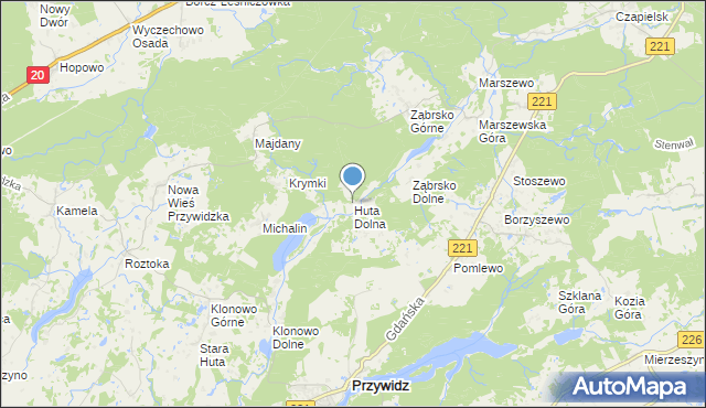 mapa Huta Dolna, Huta Dolna gmina Przywidz na mapie Targeo